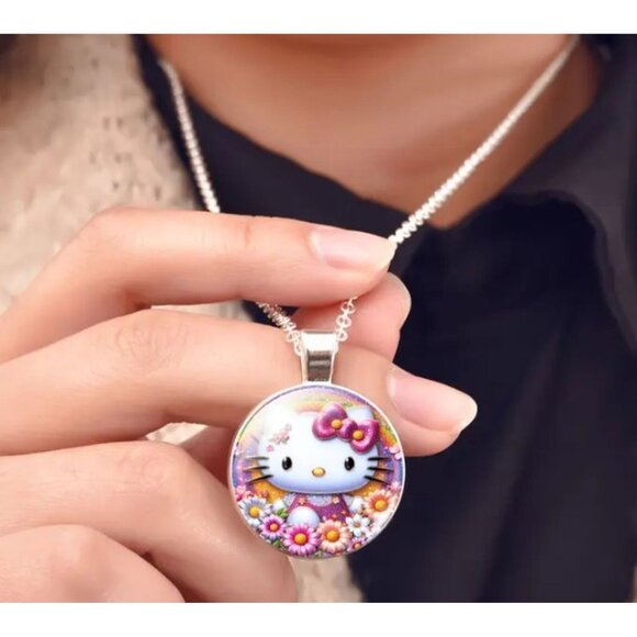 Hello Kitty 3Pc Jewelry Set Silver Pink Flower Accent Charm Bracelet Necklace - Picture 2 of 5